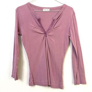 Rebecca Beeson Gathered Split V Neck Cotton Long Sleeve Top Lilac Size 2